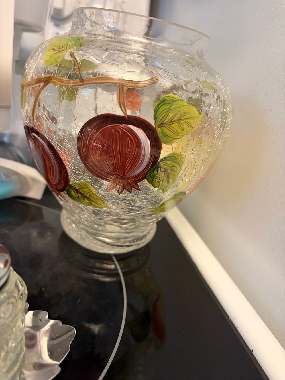 Hand-Painted Crackle Glass Vase with fruit Motif